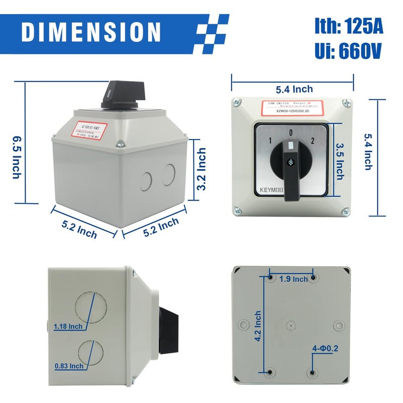 Keymoo 125A Rotary Changeover Switch with Master Switch Exterior Box, 660V 3 Position 2 Phase 8 Terminals, Universal Selector Switch Enclosure Box IP65 125/D202.2D - Image 3